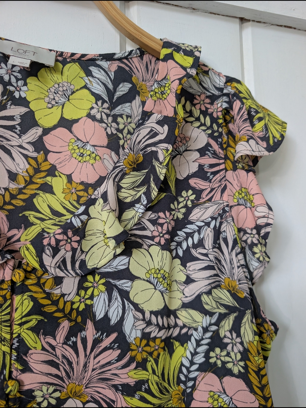 LOFT Floral Ruffle Sleeve Blouse in Black, Pink & Lime - Picture 6 of 12